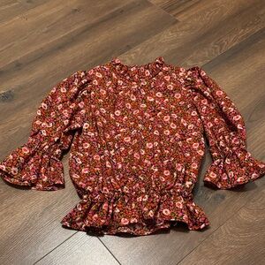 Ann Taylor Floral Blouse XXSP Red Pink Ruffle Peplum Top Long Sleeve Feminine